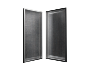 Two open, rectangular, metal enclosures.  Gray-toned, textured screens or panels inside.  Image is highly detailed