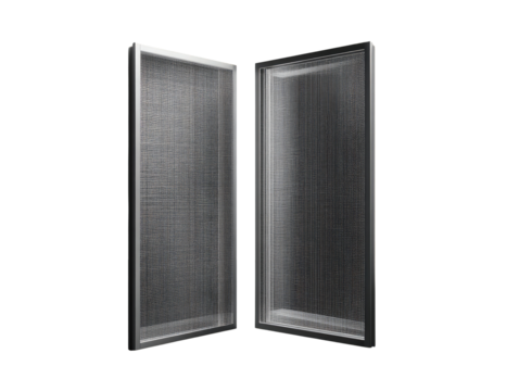 Two open, rectangular, metal enclosures.  Gray-toned, textured screens or panels inside.  Image is highly detailed