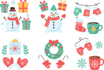 Festive snowman and Christmas vector set, winter holiday illustrations with mittens, hot chocolate, gifts, snowflakes, and decorative wreath in flat style