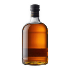 A clear glass bottle filled with amber colored whiskey against a stark black background
