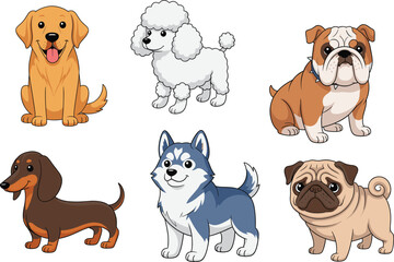 Vector cartoon dog breeds collection, cute puppies clipart, happy pet animals illustration, playful dogs set, adorable canine characters, flat design elements