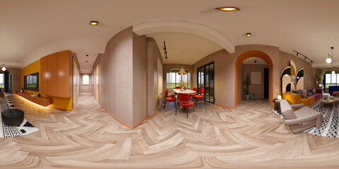 360 degree view, A panoramic view of modern living and dining in perfect harmony.  3d render