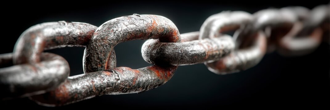 Close-up view of a rusty metal chain link on a dark background highlighting texture and detail