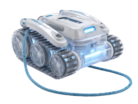 Autonomous pool cleaner with light-up components, tank treads, and a cord