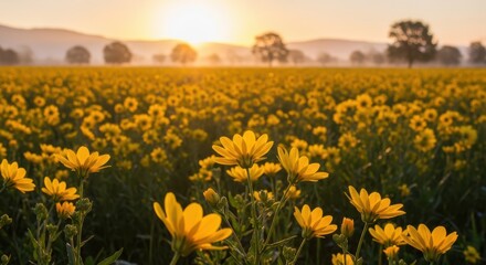 Golden hour sunflowers field sunrise beautiful nature landscape agriculture warm light