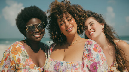 Three plus-size women having fun at beach. black woman with afro hairstyle and sunglasses, white woman wearing a dress, third person brunette, summer outfit. Body acceptance theme, female friends toge