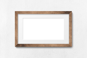 Large landscape oriented white canvas in wooden frame at wall in interior. Template for your content. 3D illustration.