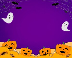 halloween background with pumpkin, ghost and halloween symbol with paper cutting decoration in cartoon style