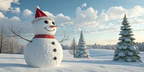 Obraz premium Smiling Snowman in Winter Wonderland 3D Render, Christmas Hat, Snowy Landscape, Fir Trees Snowman, Winter