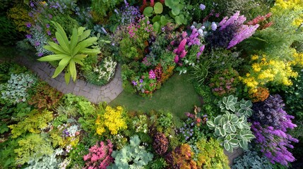 An aerial top-down view of a vibrant and lush garden with a winding stone path surrounded by colorful flowers and foliage.