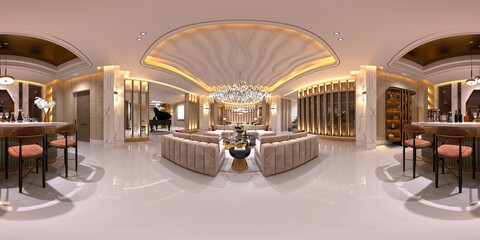 360 degree view, A panoramic view of modern living and dining in perfect harmony.  3d render