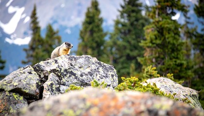 Wild Marmot on Rock in Mountain Forest Landscape.