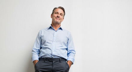 Fototapeta premium Portrait of a smiling businessman standing confidently with hands in pockets against a clean white background showcasing professionalism and approachable demeanor for business e-commerce needs