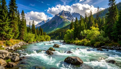 A rushing river winds through a vibrant green forest, nestled against majestic mountains under a bright blue sky.