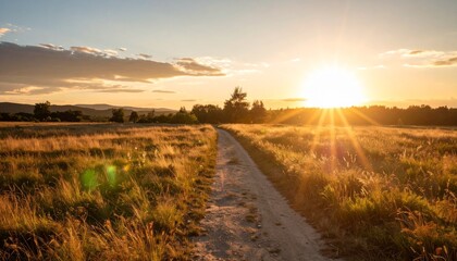 Un camino solitario en un paisaje natural, iluminado por luz cálida al atardecer, transmitiendo sensación de tránsito, ausencia y esperanza