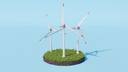 3d Wind turbines on peace of green island. Renewable clean energy eco concept. Isolated on blue background.