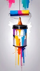 A vibrant paint can with dripping, multicolored paint, highlighted by a roller, showcasing the interplay of color and motion.