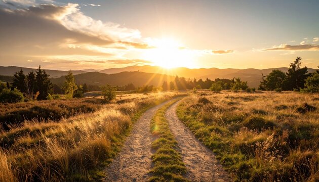 Un camino solitario en un paisaje natural, iluminado por luz c&aacute;lida al atardecer, transmitiendo sensaci&oacute;n de tr&aacute;nsito, ausencia y esperanza