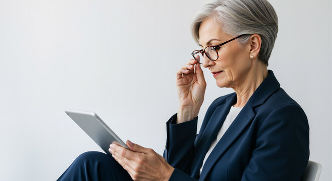 An Accomplished Mature Woman in Professional Business Attire Carefully Examining a Digital Tablet on an Isolated White Background