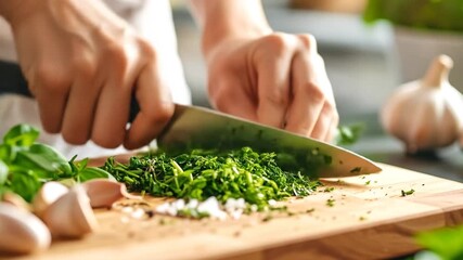 Hands chopping herbs and garlic - Powered by Adobe