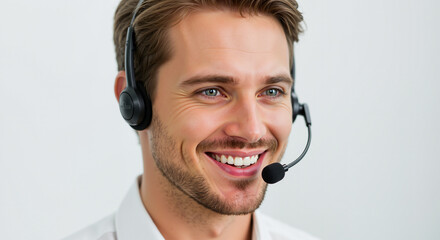 Smiling businessman wearing a headset and microphone in a professional studio setting looking towards the camera with bright blue eyes for business e-commerce customer service and online support