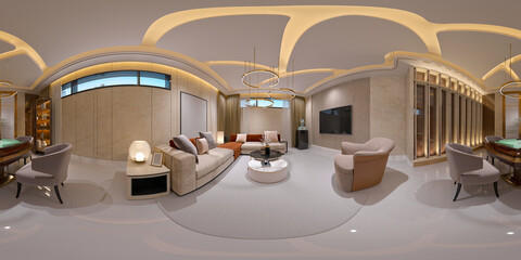 360 degree view, A panoramic view of modern living and dining in perfect harmony.  3d render