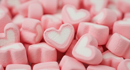 Close-up of soft pink heart shaped and square marshmallows filling the frame