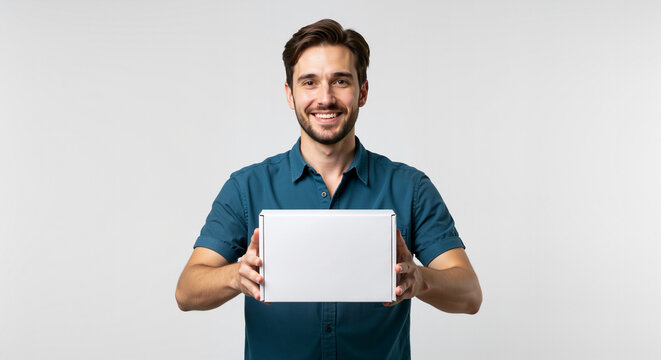 Happy Business Man Holding Digital Tablet Computer Ready for E Commerce Sales Isolated on White Background Promoting Online Shopping and Business Transactions