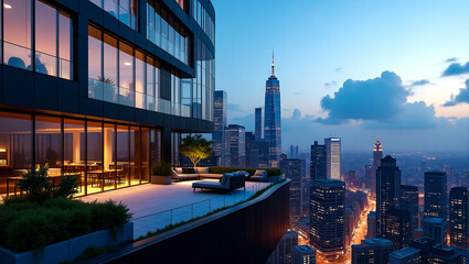 Modern luxury penthouse terrace with stunning city skyline view at sunset overlooking skyscrapers and urban landscape cityscape lights