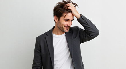 Young Caucasian Man in Smart Business Casual Attire with Dark Hair Runs Hand Through Hair Looking to the Side with a Slight Smile Captured Against a Plain White Background