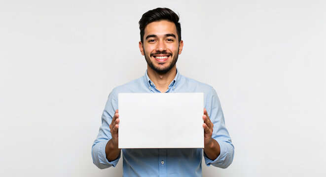 A Smiling Man Wearing a Blue Shirt Holding a Blank White Board in an Isolated Background Ready for Your Business E-Commerce Message or Advertisement