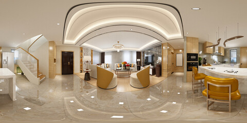 360 degree view, A panoramic view of modern living and dining in perfect harmony.  3d render