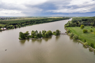 Aerial drone view over tranquil Boating lake in Nagykanizsa, Hungary.