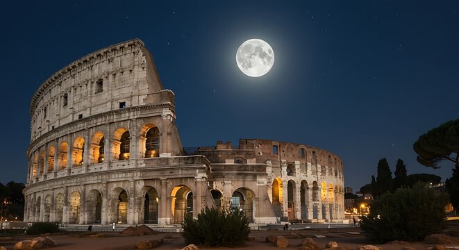 Full Moon Over the Roman Colosseum at Night.