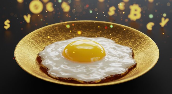Delicious fried egg served in a golden bowl against a festive bokeh background with floating letters