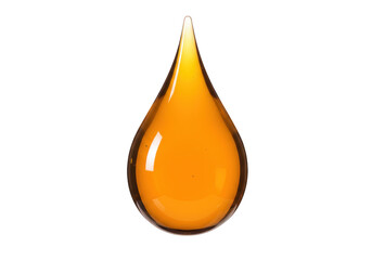 Isolated close up of a single translucent golden liquid drop with highlights on a plain transparent background