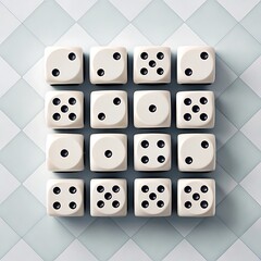 Top down flat lay of twelve white dice arranged in a square grid