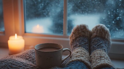 A cozy, relaxing scene with a person's feet in warm socks by a window with a hot drink and a candle.