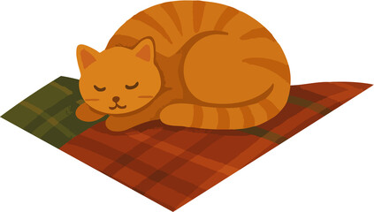 This illustration shows an orange striped cat peacefully sleeping curled up on a red and green plaid blanket.