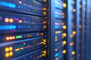 Naklejka premium Close up of modern servers with colorful LED indicators in data center, symbolizing cloud storage, secure IT infrastructure, digital connectivity, and advanced computing technology