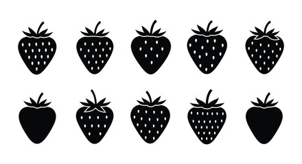 A group of black silhouettes of strawberries on a white background