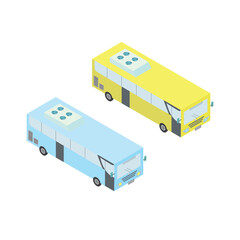 Fototapeta premium Set of two colorful public transport buses viewed from an isometric perspective. Vector graphic design for urban transit and travel concepts