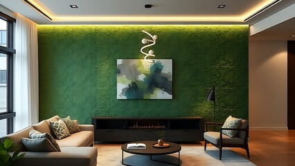 A modern living space features a textured green wall with abstract art, bathed in ambient glow.