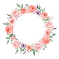 Fototapeta premium A romantic watercolor floral frame with peach and pink roses. An elegant circular wreath for wedding and event invitations. Isolated hand-painted border for greeting cards and stationery.