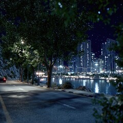 A tranquil city street at night, lined with trees and overlooking a glistening waterfront with illuminated skyscrapers.