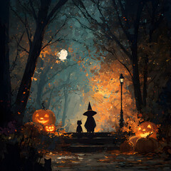 Cinematic scene shows Halloween night with witch silhouette, pumpkins, street light, autumn leaves. Useful for posters, greeting cards, and social media.