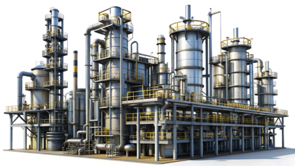 Extensive industrial chemical processing facility with numerous interconnected towers and platforms factory isolated on a transparent background