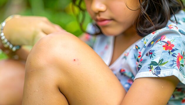 Close-up of a child's knee with small red marks, likely insect bites, while a hand gently touches the area.