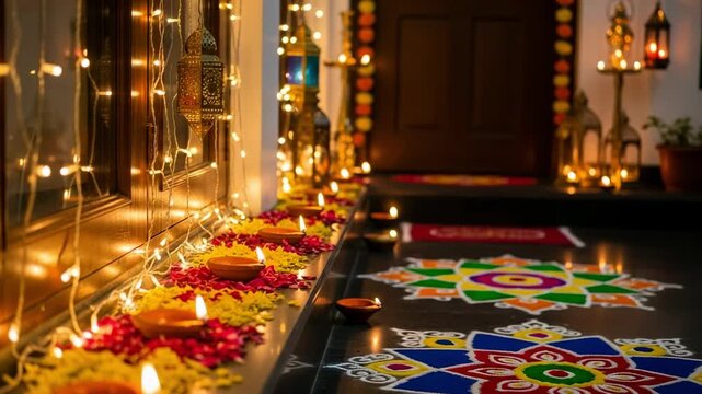 A beautifully decorated home entrance for the Diwali festival. Lit clay oil lamps, colorful rangoli floor art, and glowing string lights create a warm and inviting atmosphere.