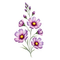 Obraz premium A delicate branch of purple cosmos flowers and buds. A beautiful wildflower illustration for spring and summer themes. Isolated realistic botanical drawing for greeting cards and stationery.